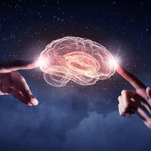 2 people touching illuminated brain